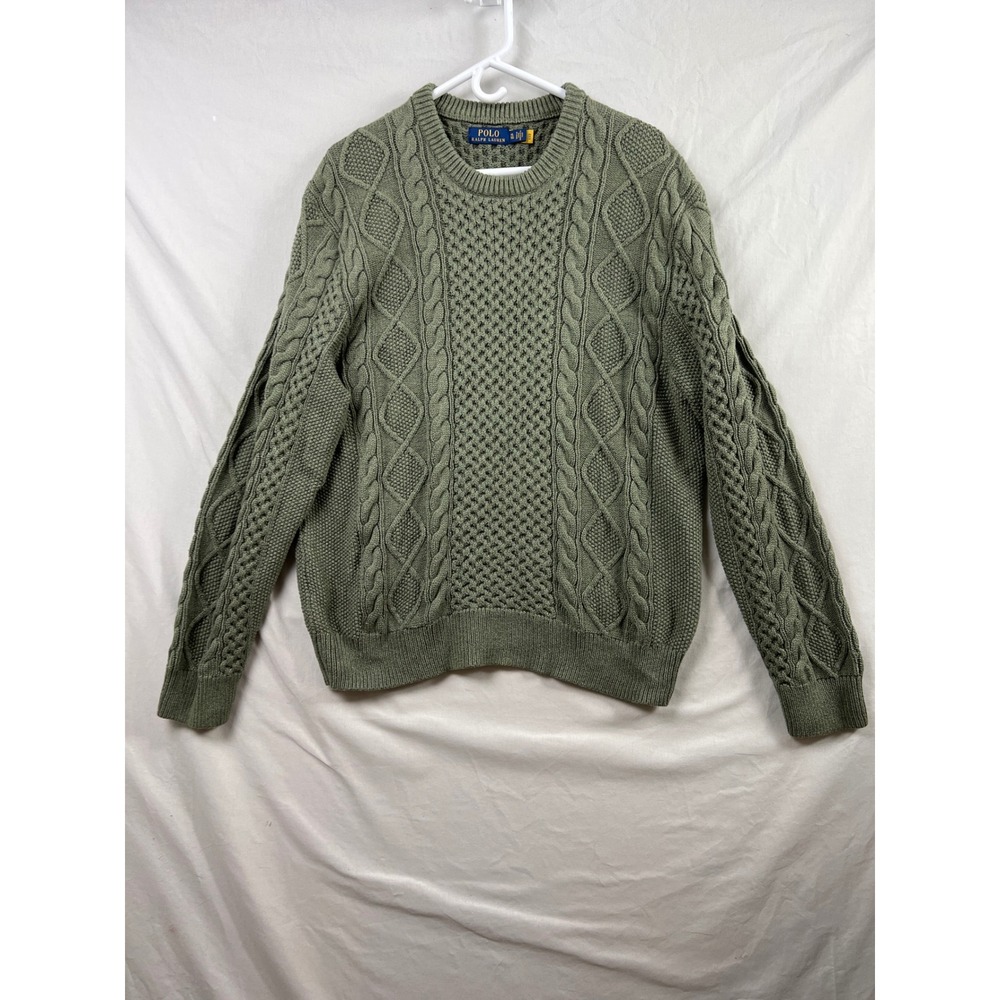 Polo Ralph Lauren Sweater Mens XL Green Cable Honeycomb Knit Fisherman Crewneck